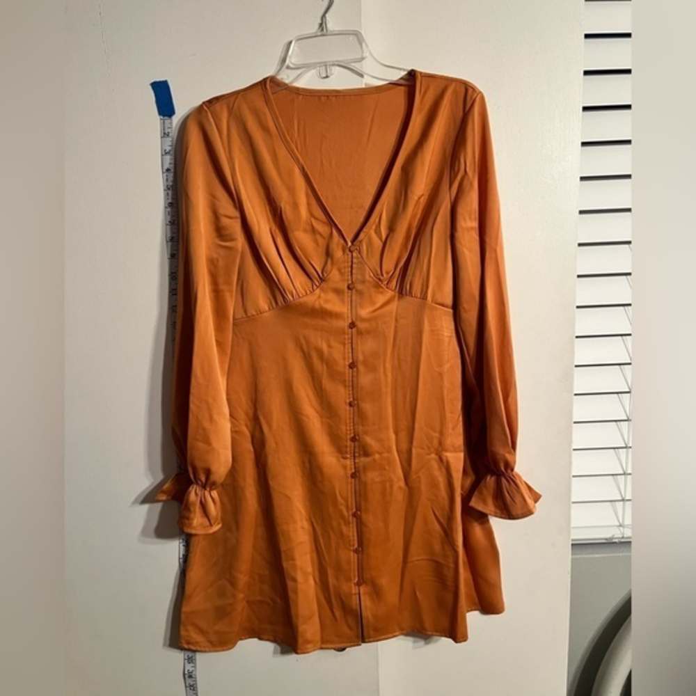 Womens Small Satin Orange Bell‎ Sleeve Short Dress fall v neck